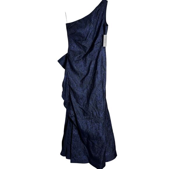 Rickie Freeman Teri Jon Navy One-Shoulder Jacquard Side-Ruffle Evening Gown 16 - Picture 10 of 14
